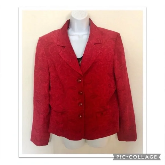 VTG 90s Giorgio Sant’Angelo Cranberry Brocade Blazer Rose Buttons Bow Detail 12 - Picture 3 of 9